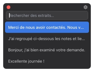 Une fenêtre d’extraits avec un raccourci