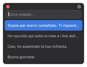 Popup degli snippet con una scorciatoia